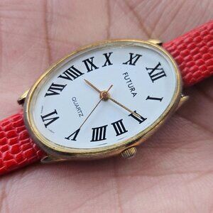 Vintage Futura Wristwatch Red Genuine Leather Band Analog Japan movt Wrist Watch